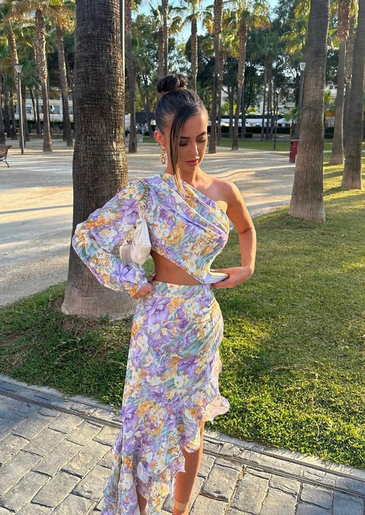 Raffiniertes Florales Kleid Mit Einem Ärmel Für Frauen