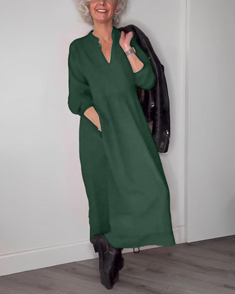 Allyana |  Elegantes langes Kleid mit V-Ausschnitt und Taschen