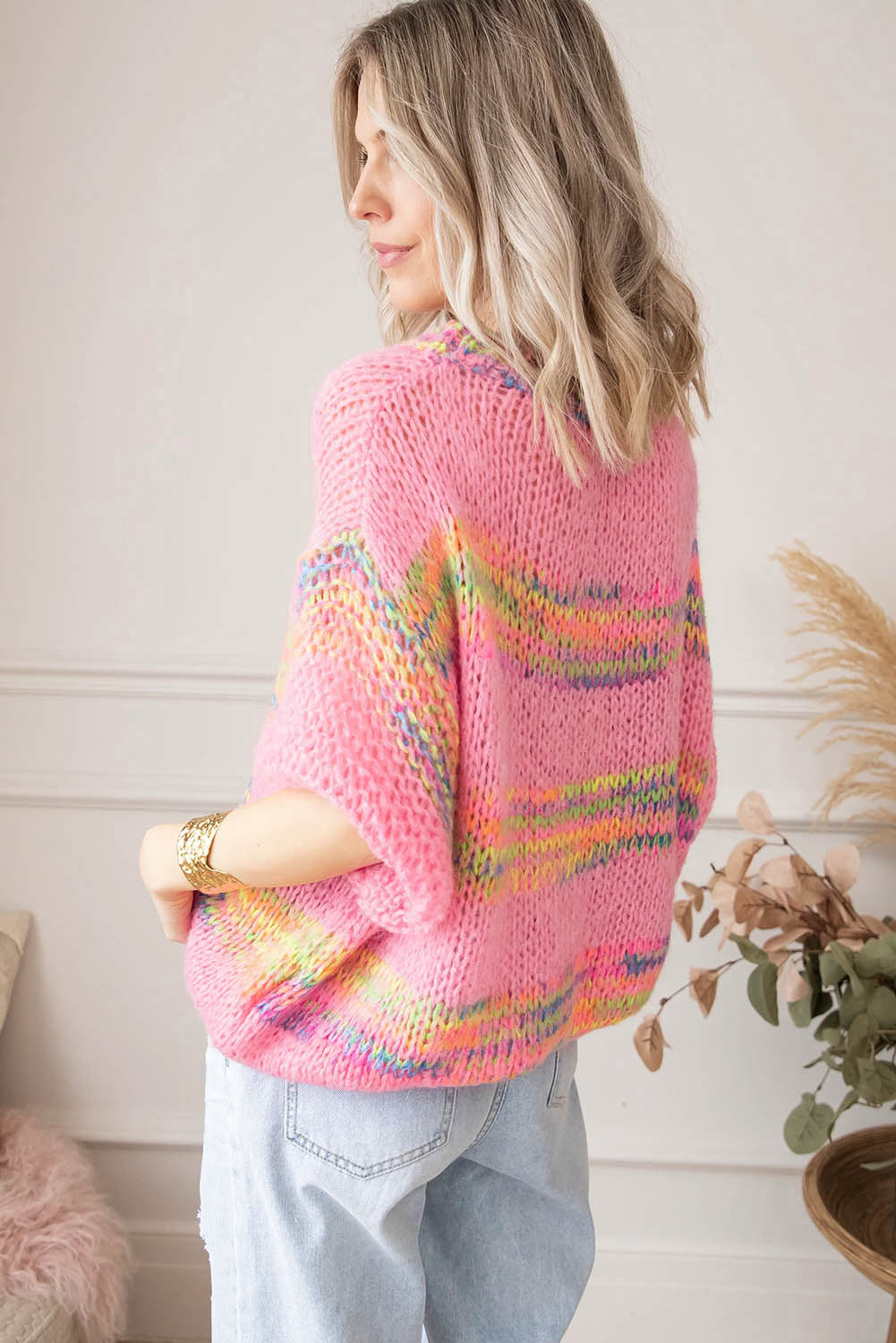 Rosa Pullover Mit Bunten Streifen Und 3/4-Ärmeln Für Frauen