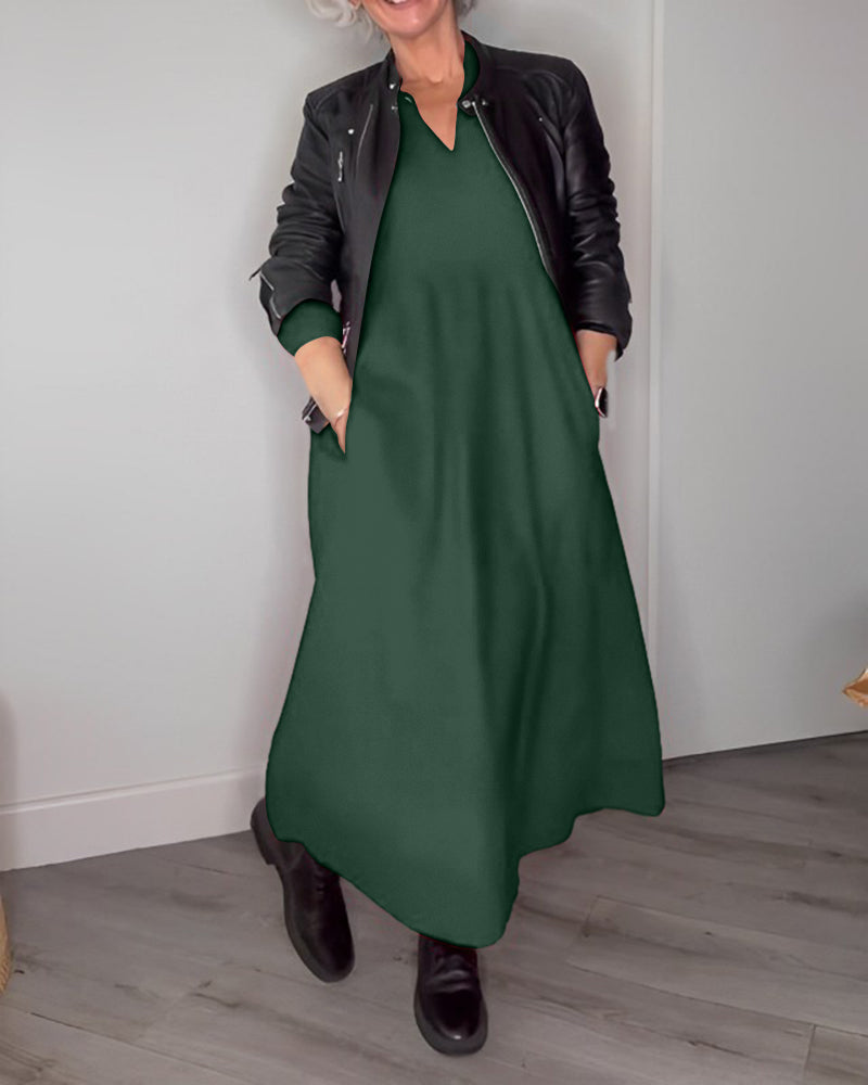 Allyana |  Elegantes langes Kleid mit V-Ausschnitt und Taschen