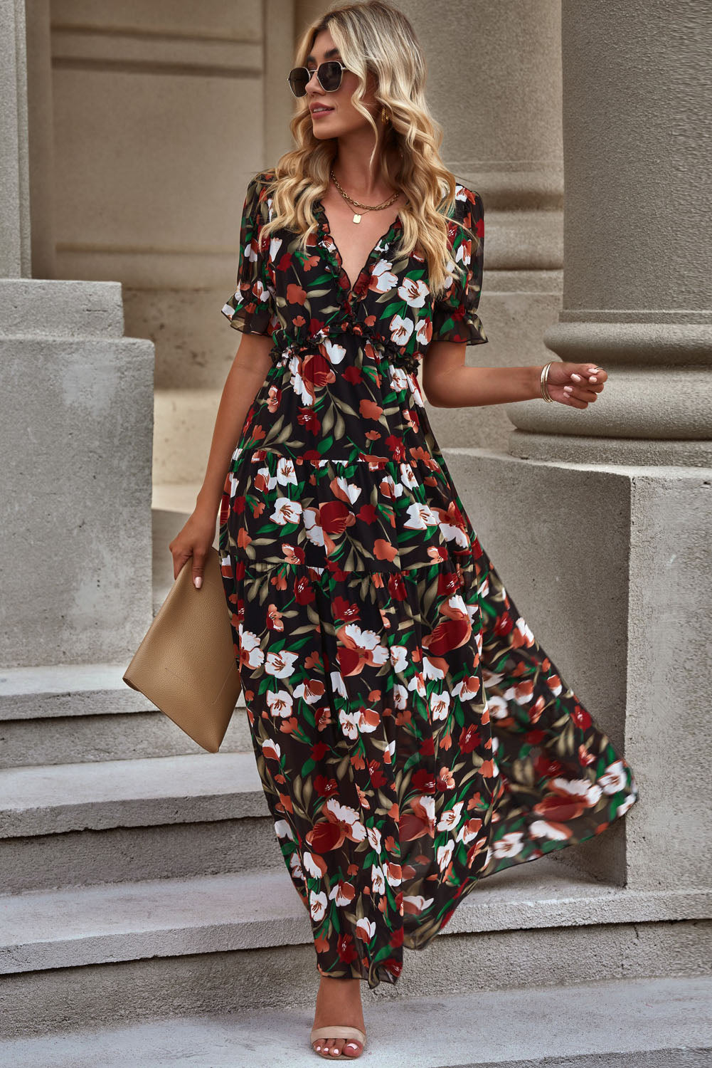 Emsira | Florales V-Ausschnitt-Kleid mit Volantärmeln
