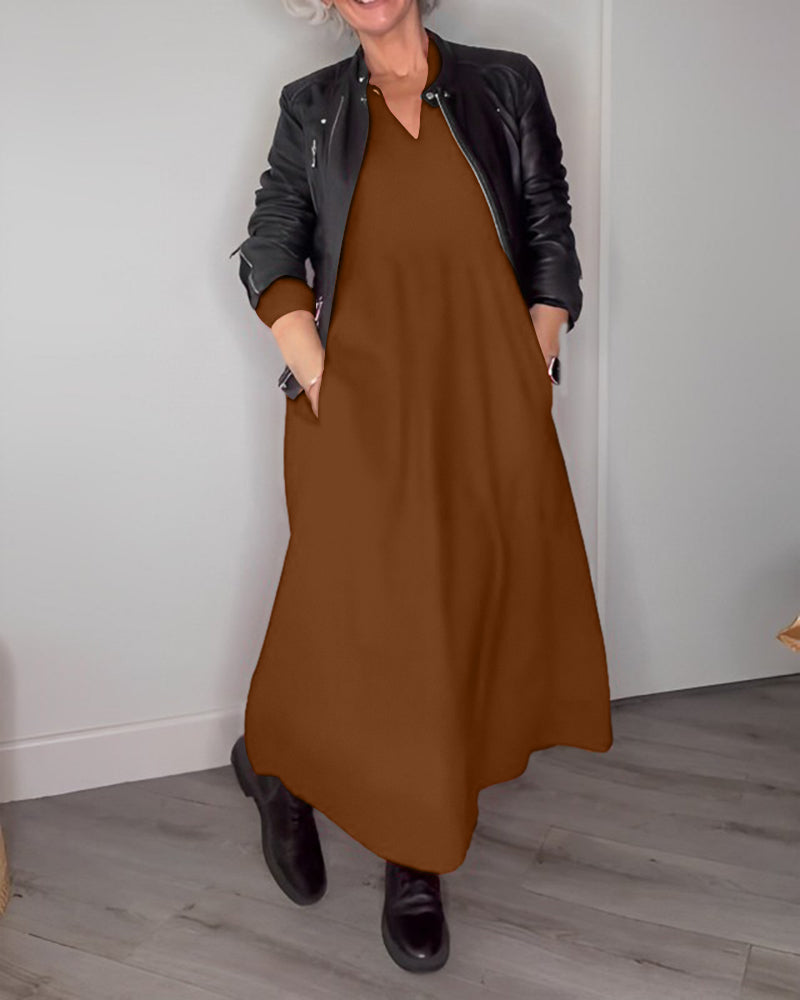 Allyana |  Elegantes langes Kleid mit V-Ausschnitt und Taschen