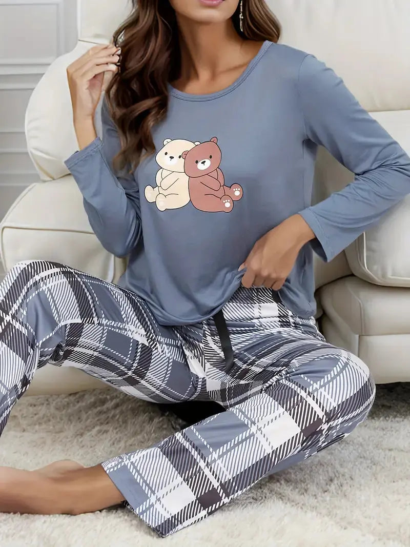 Gemütliches Pyjama-Set mit Cartoon-Bärenprint Für Frauen