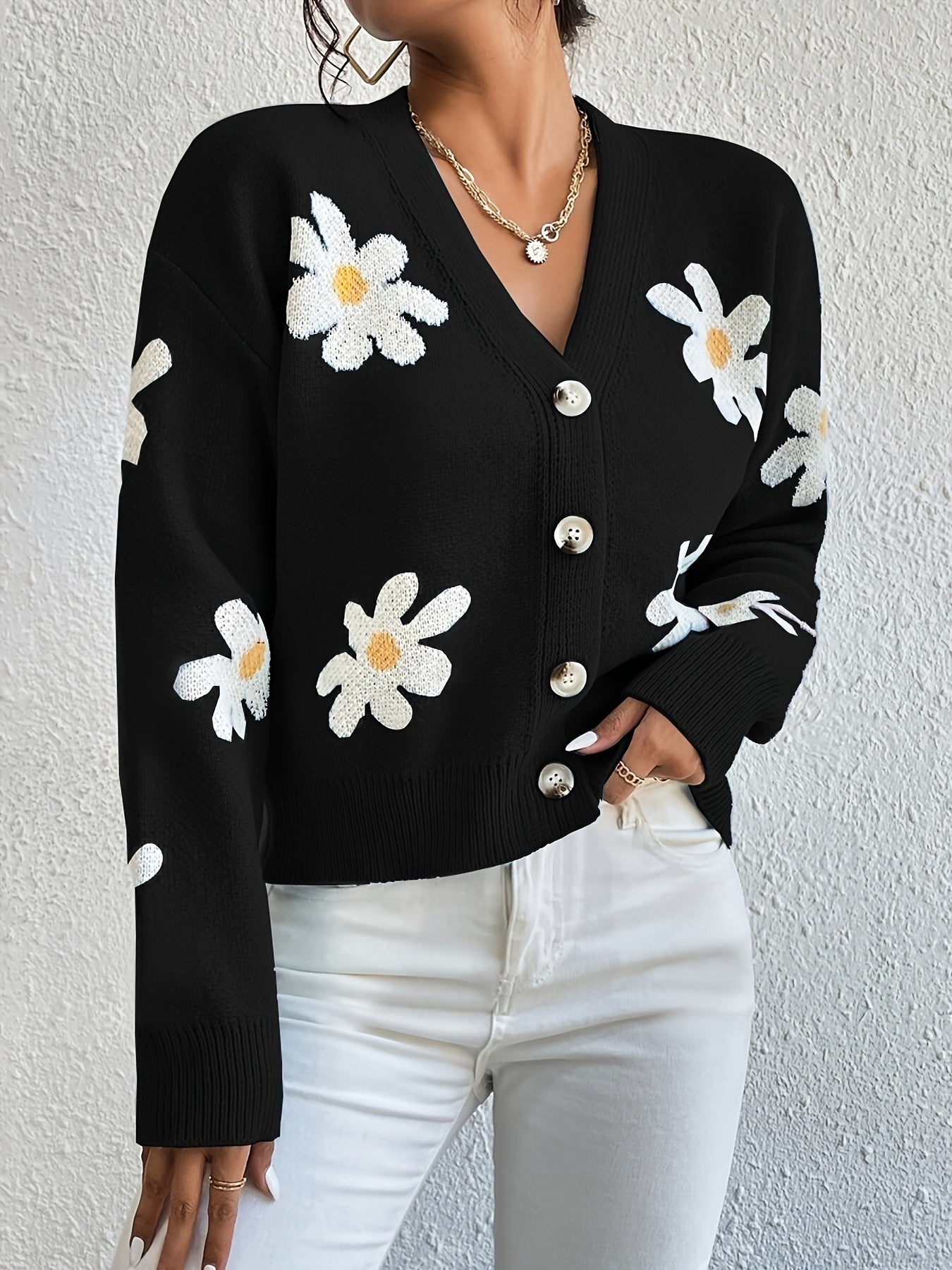 Strickpullover mit Blumenmuster und langen Ärmeln Für Frauen