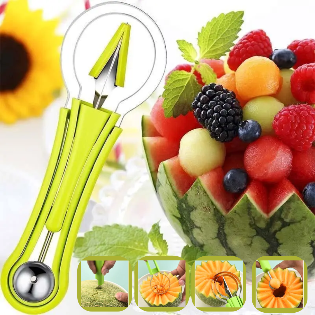 Green 3-in-1 Obstschneider set with watermelon fruit bowl and berries