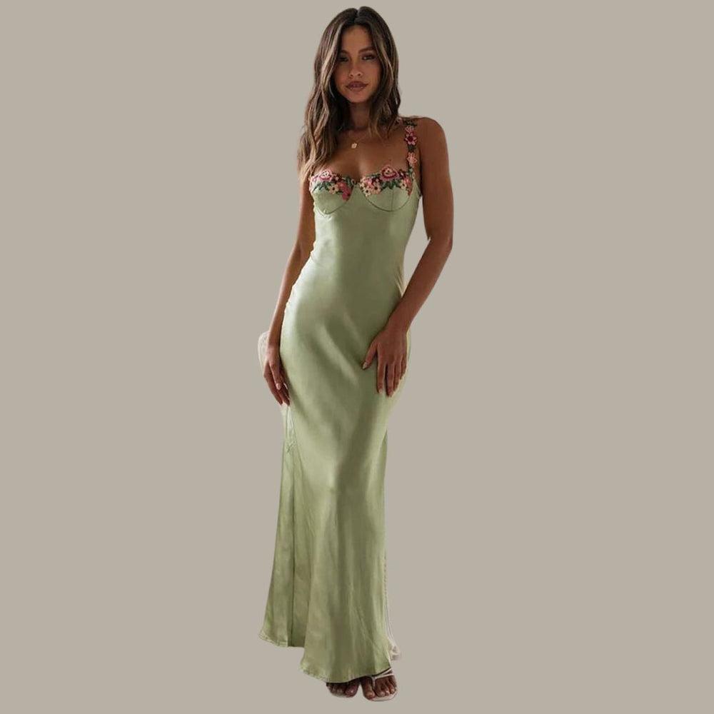 Besticktes Satin Maxikleid mit Blumen für Frauen