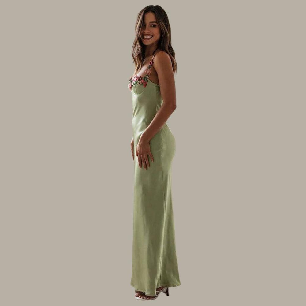 Besticktes Satin Maxikleid mit Blumen für Frauen
