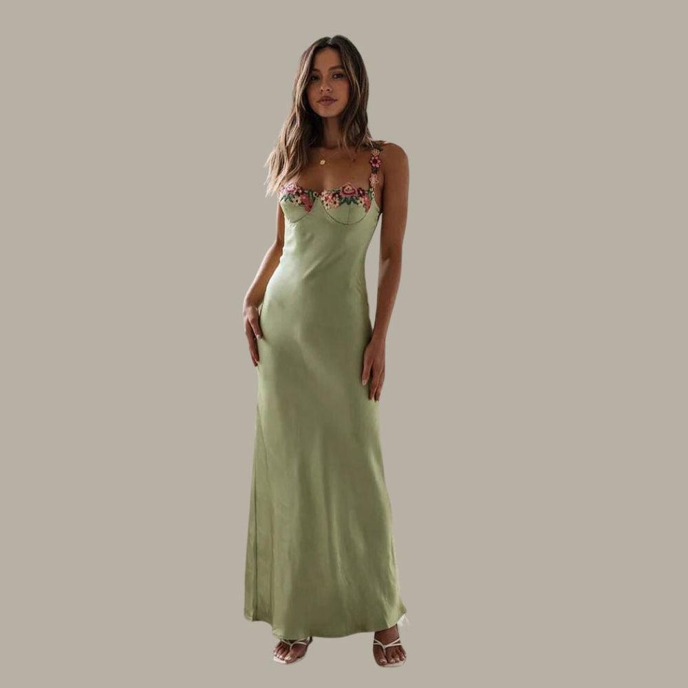 Besticktes Satin Maxikleid mit Blumen für Frauen