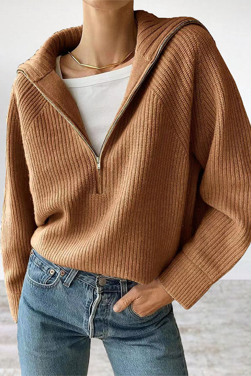 Pullover Mit Halbem Reißverschluss Und Umlegekragen Für Frauen