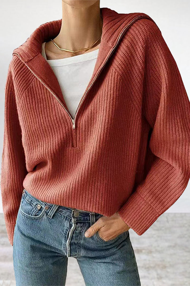 Pullover Mit Halbem Reißverschluss Und Umlegekragen Für Frauen