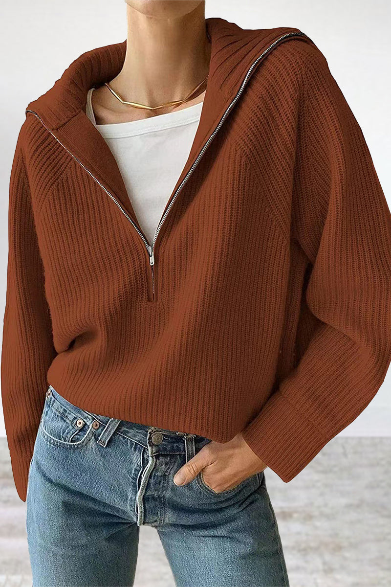 Pullover Mit Halbem Reißverschluss Und Umlegekragen Für Frauen