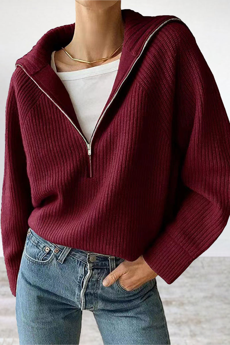 Pullover Mit Halbem Reißverschluss Und Umlegekragen Für Frauen