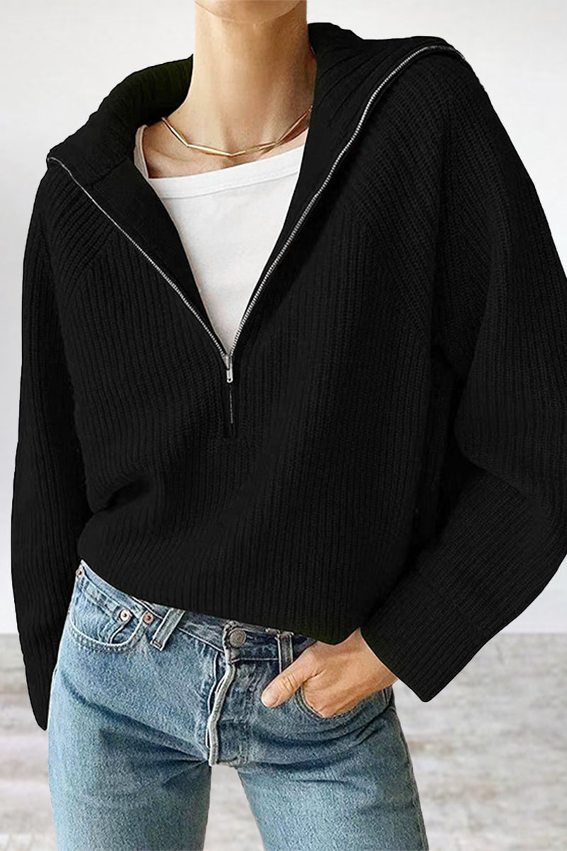 Pullover Mit Halbem Reißverschluss Und Umlegekragen Für Frauen