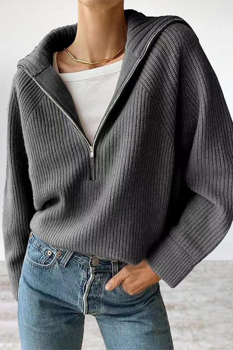 Pullover Mit Halbem Reißverschluss Und Umlegekragen Für Frauen