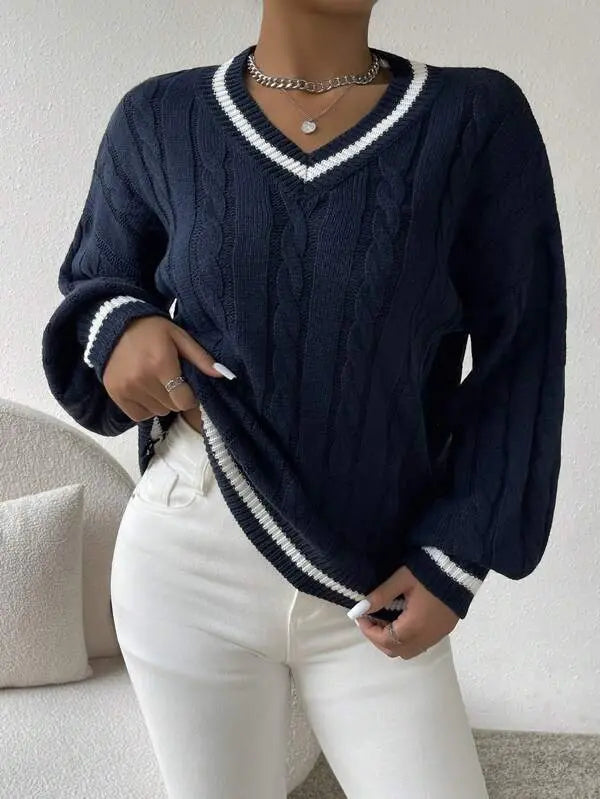 Gemütlicher gestreifter Zopfmuster-Pullover Für Frauen