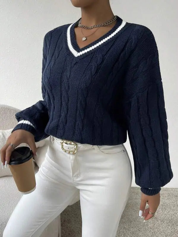 Gemütlicher gestreifter Zopfmuster-Pullover Für Frauen