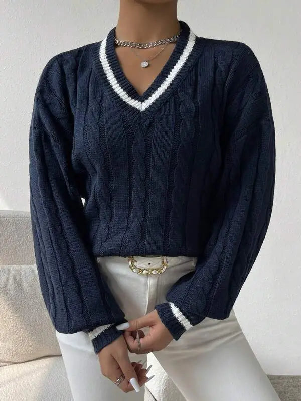 Gemütlicher gestreifter Zopfmuster-Pullover Für Frauen