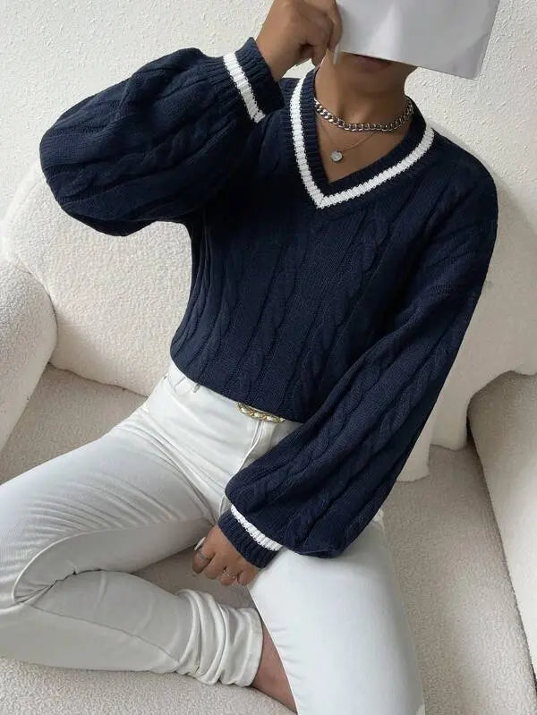Gemütlicher gestreifter Zopfmuster-Pullover Für Frauen