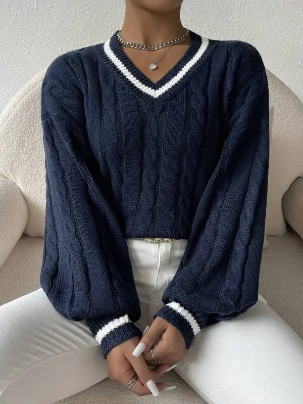 Gemütlicher gestreifter Zopfmuster-Pullover Für Frauen