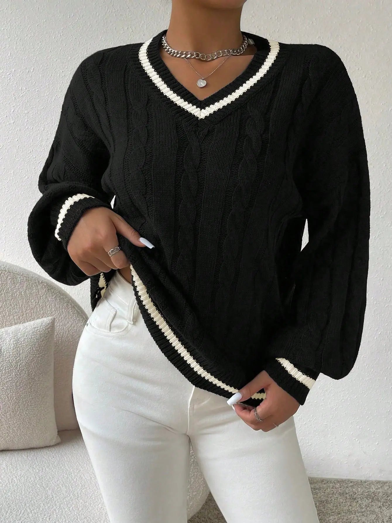 Gemütlicher gestreifter Zopfmuster-Pullover Für Frauen