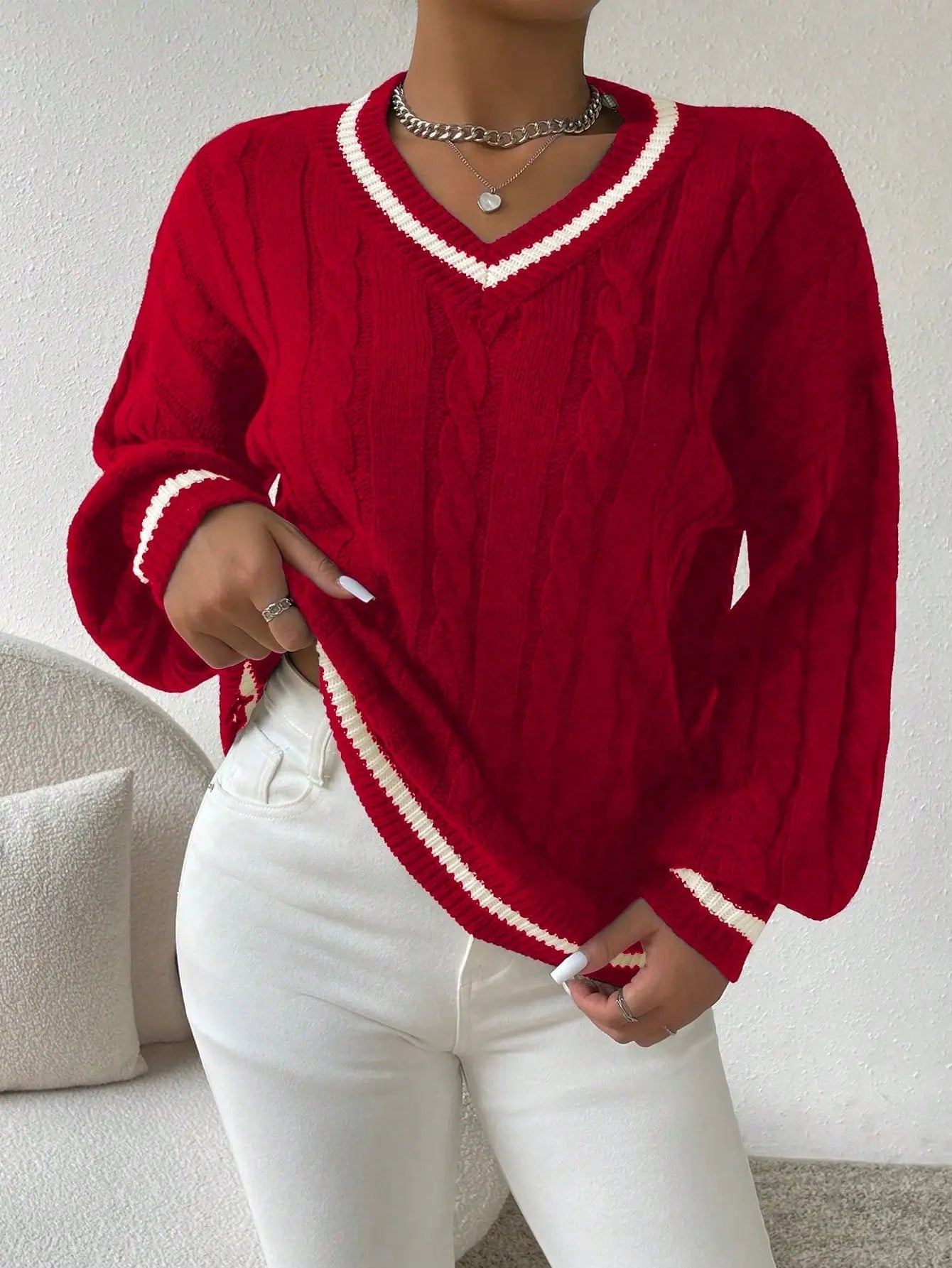 Gemütlicher gestreifter Zopfmuster-Pullover Für Frauen