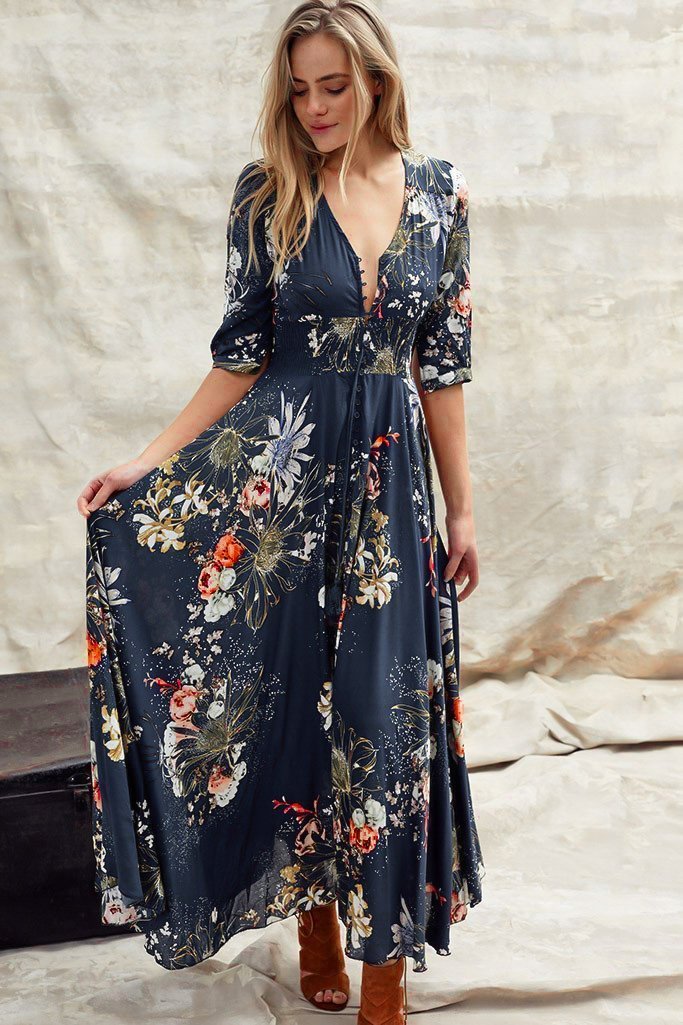 Brienna | Boho Maxi Kleid mit V-Ausschnitt