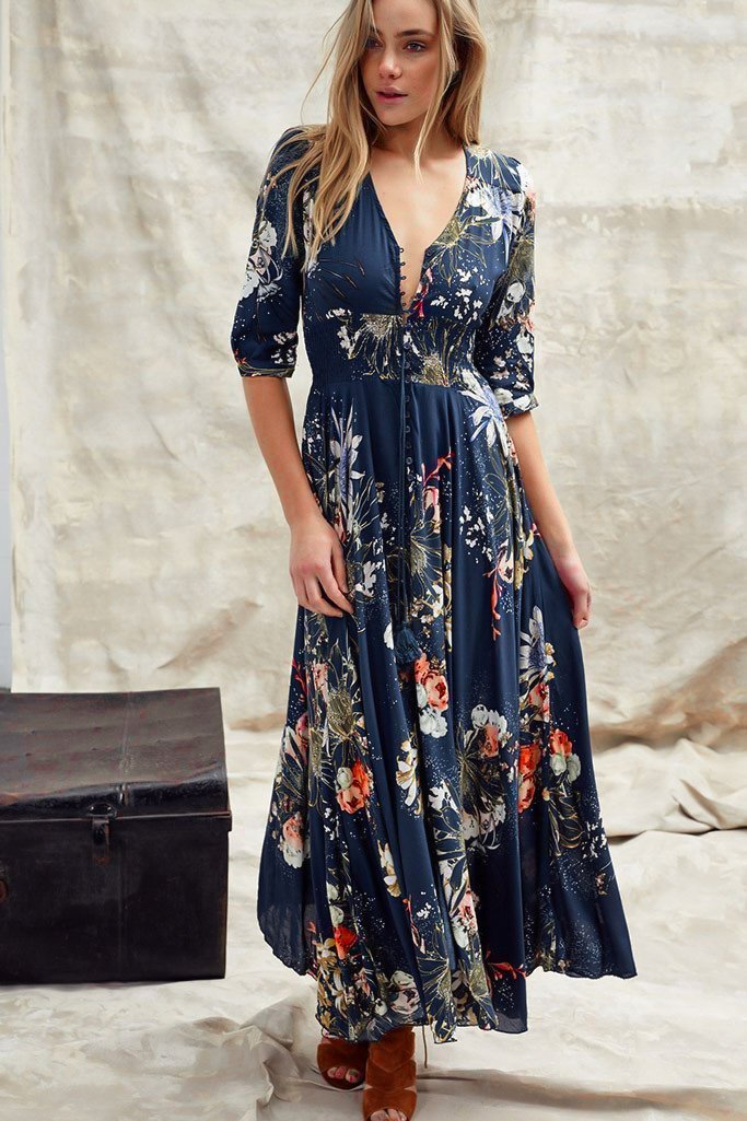Brienna | Boho Maxi Kleid mit V-Ausschnitt
