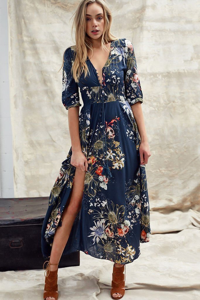 Brienna | Boho Maxi Kleid mit V-Ausschnitt