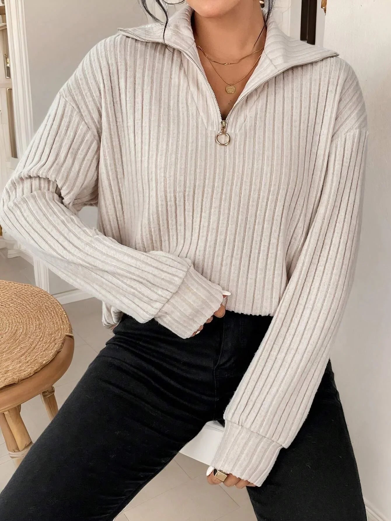 Gerippter Quarter Zip Pullover mit mühelosem Stil für Damen