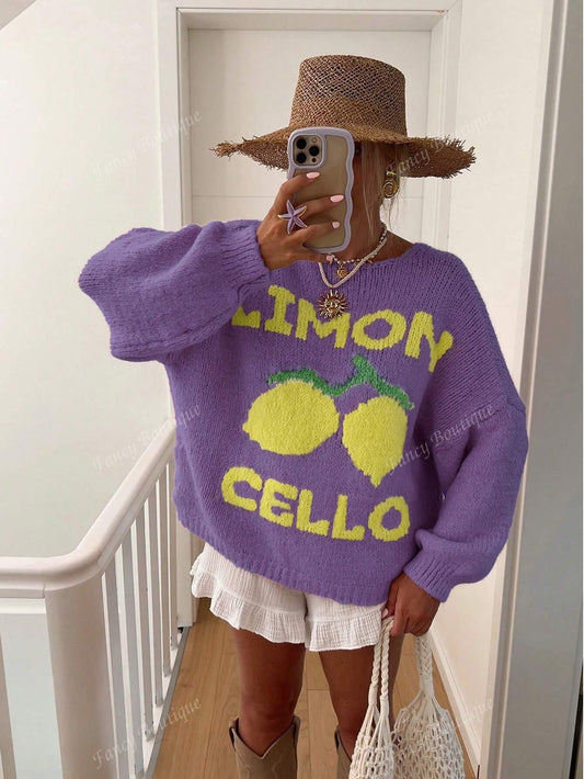 Schicker Strickpullover mit Zitronenmuster Für Frauen