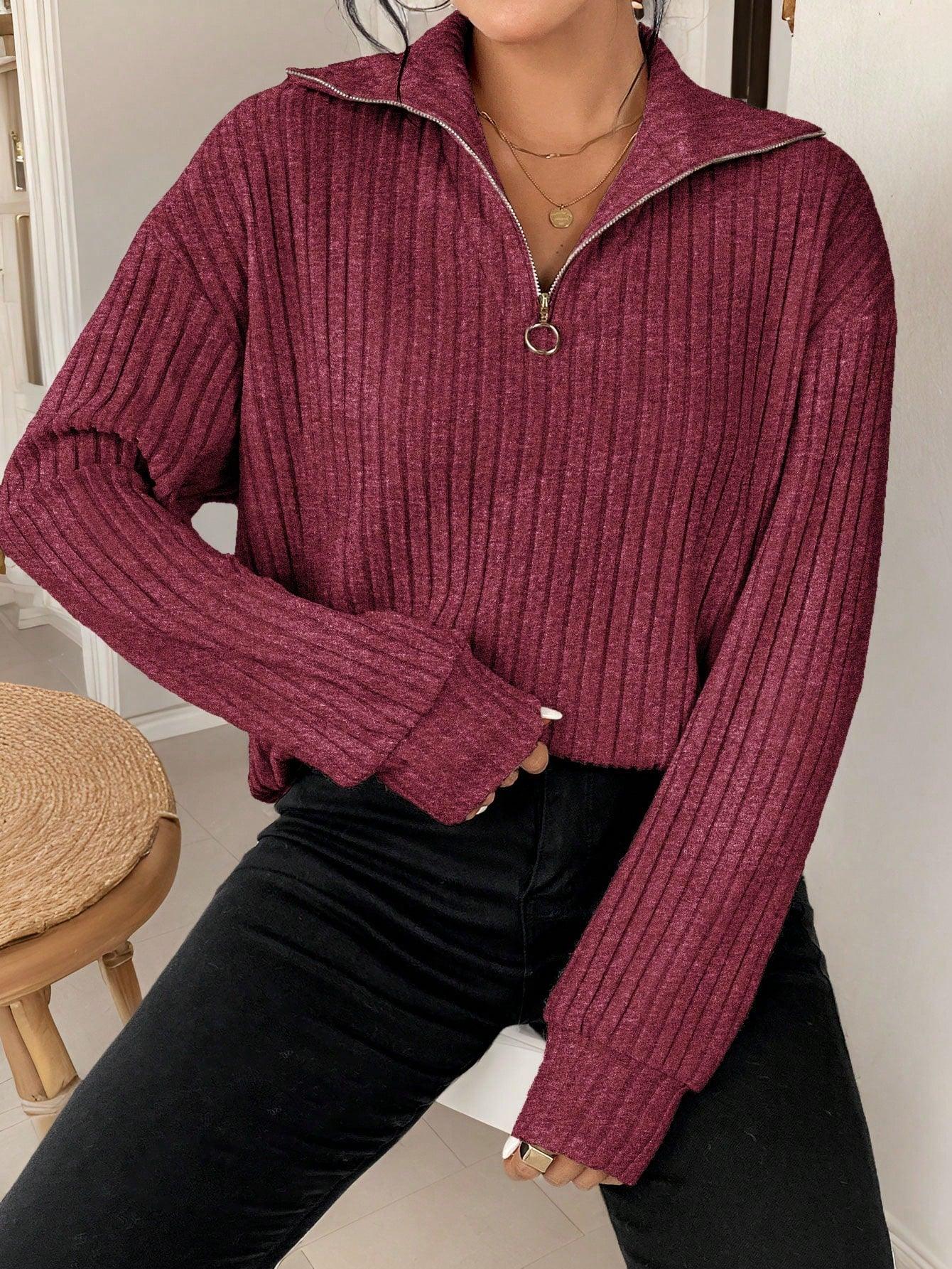 Gerippter Quarter Zip Pullover mit mühelosem Stil für Damen
