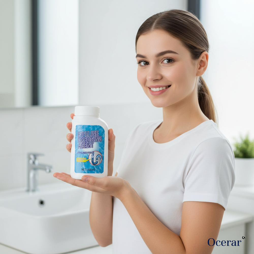 Woman holding abflussreiniger bottle in modern white bathroom