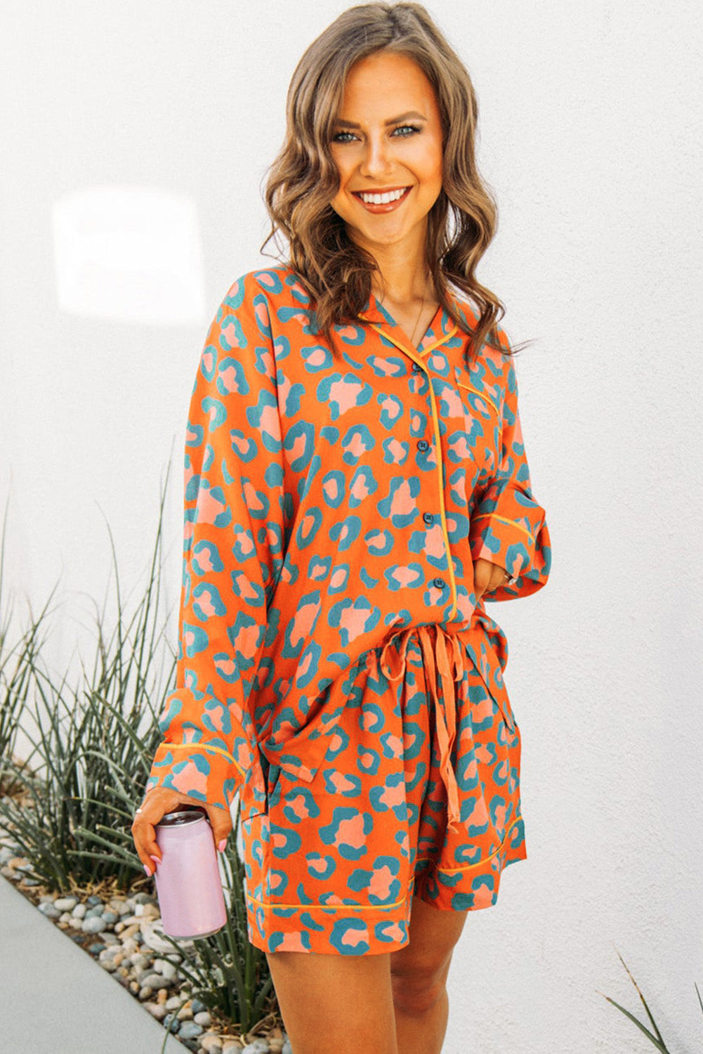 Langarm-Pyjama-Set mit Leopardenmuster in Orange Für Frauen