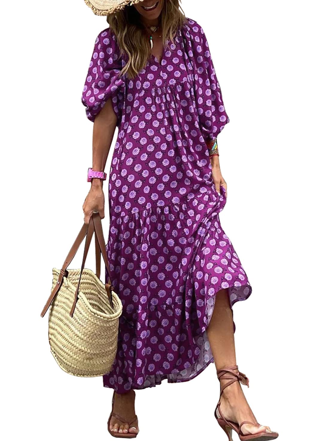 Lieke™ - Damen Puffärmel Geometrische Bohème Maxikleider [50% Rabatt]