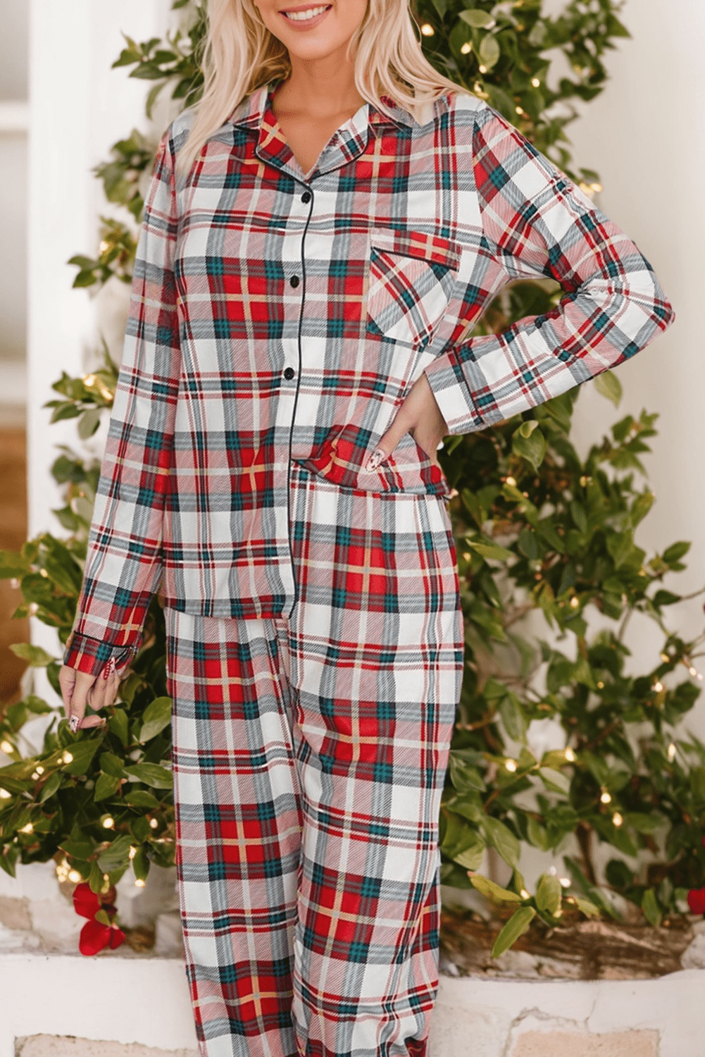 Zweiteiliges Weihnachts-Pyjama-Set mit Karomuster Für Frauen