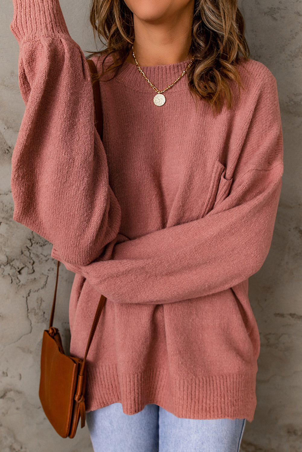 Strickpullover mit Puffärmeln und Taschen Für Frauen