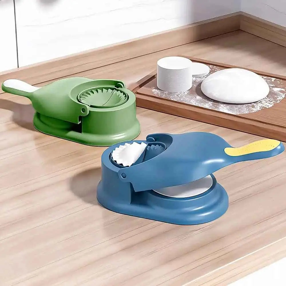 Green and blue 2-in-1 Knödel Teigtaschenformer dumpling makers on wooden kitchen surface