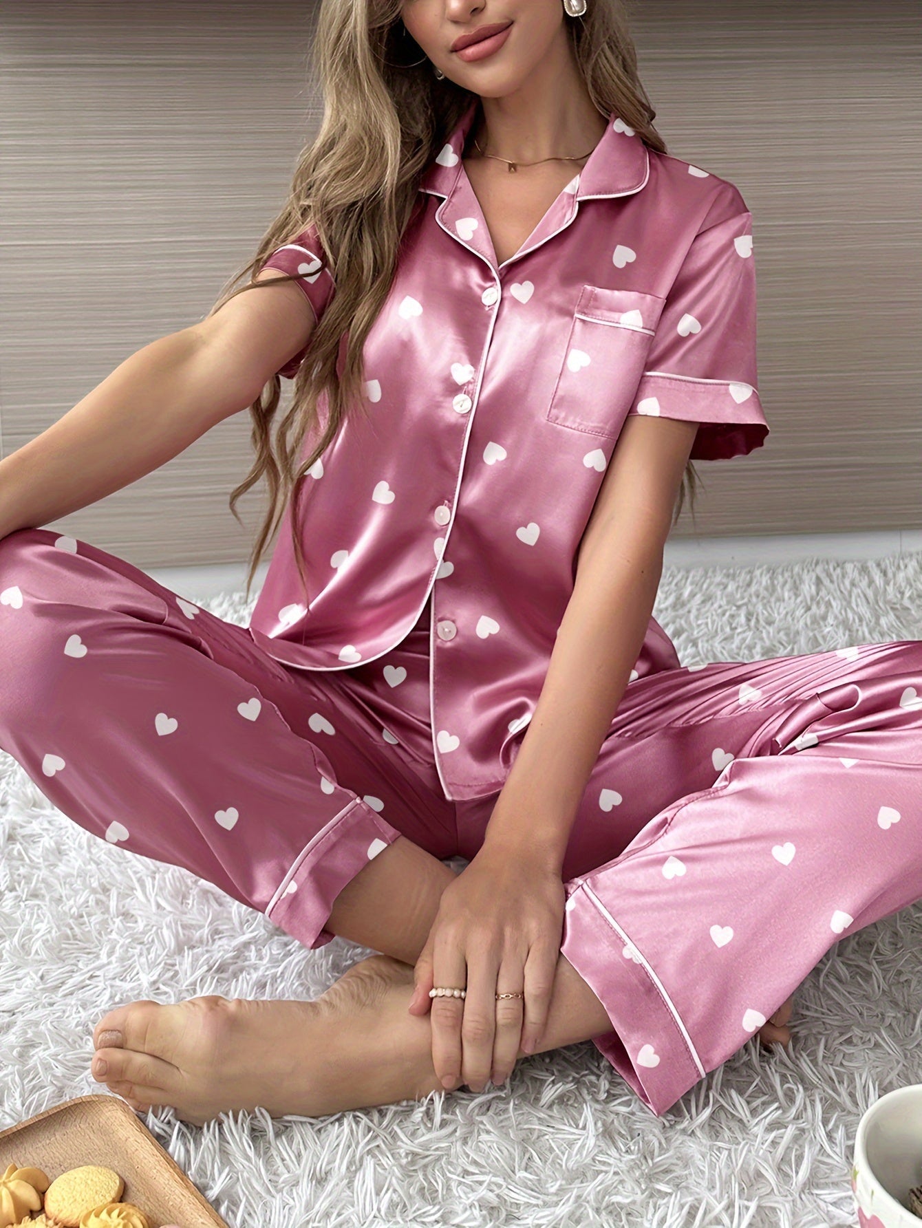 Satinschlafanzug Set mit Kurzarm und Elastischer Hose für Frauen