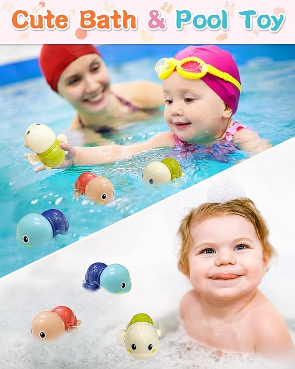 Children using Aufzieh-Schwimmschildkröten Badespielzeug in both bathtub and swimming pool