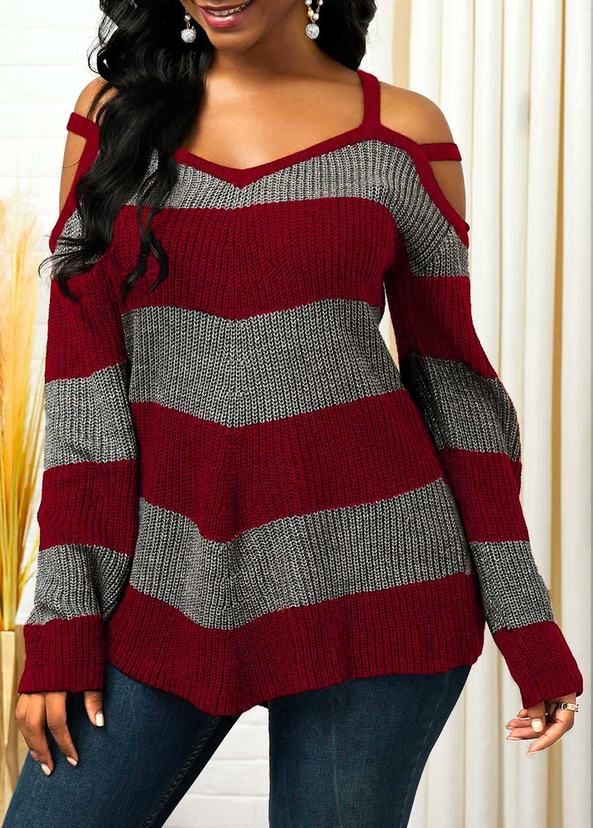 Gestreifter Pullover Mit Asymmetrischem Saum Und Cold-Shoulder-Design Für Frauen
