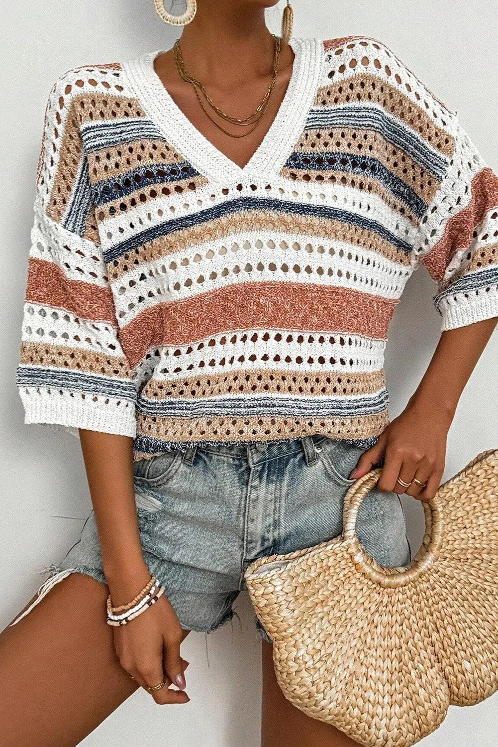 Gestreifter Strickpullover mit halblangen Ärmeln Für Frauen