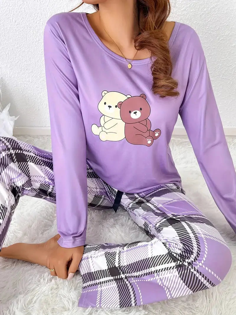 Gemütliches Pyjama-Set mit Cartoon-Bärenprint Für Frauen
