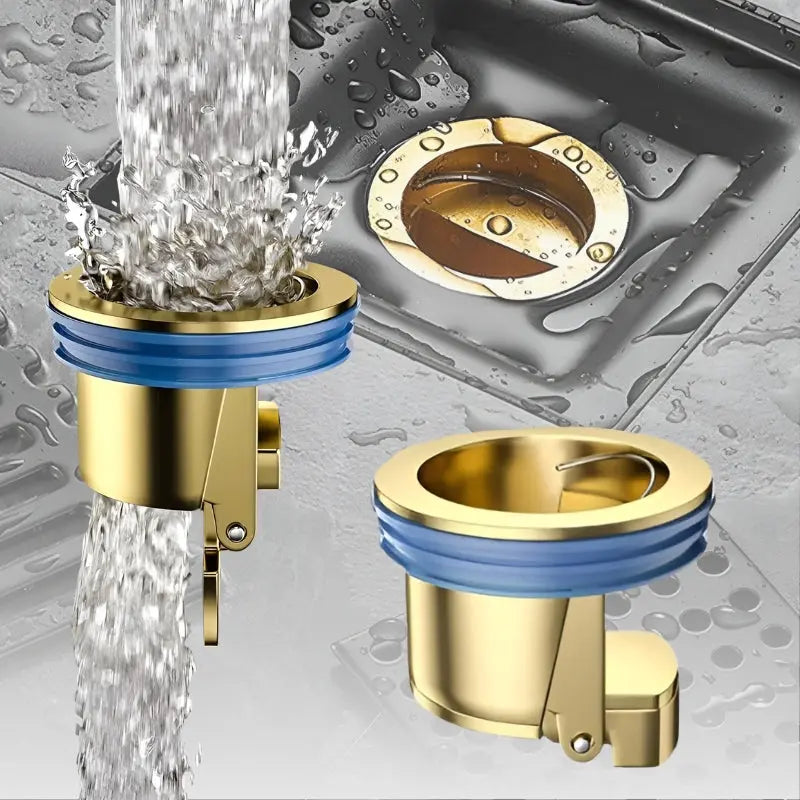 Abfluss Stopfen mit Haarfilter gold-blau installiert in Duschboden mit Wasserstrom