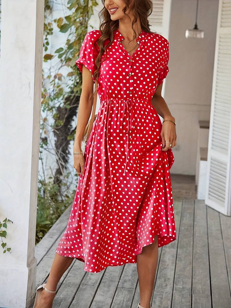 Linien Kleid mit Punkten und V Ausschnitt für Frauen