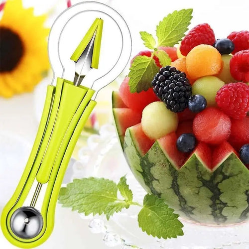 3-in-1 Obstschneider tools with decorative fruit salad in watermelon bowl