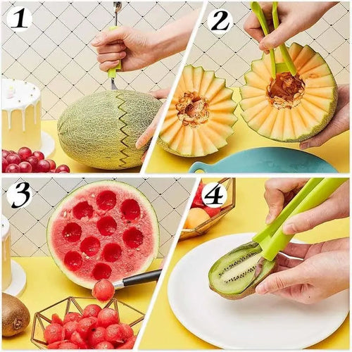 Four-step demonstration showing 3-in-1 Obstschneider cutting melon and watermelon