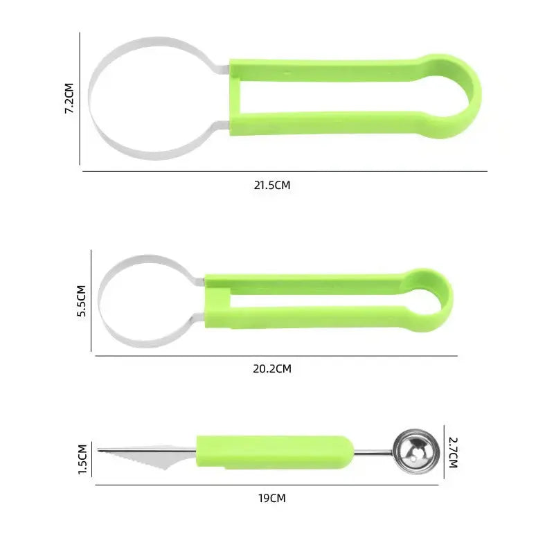 Size dimensions chart for green 3-in-1 Obstschneider tool components