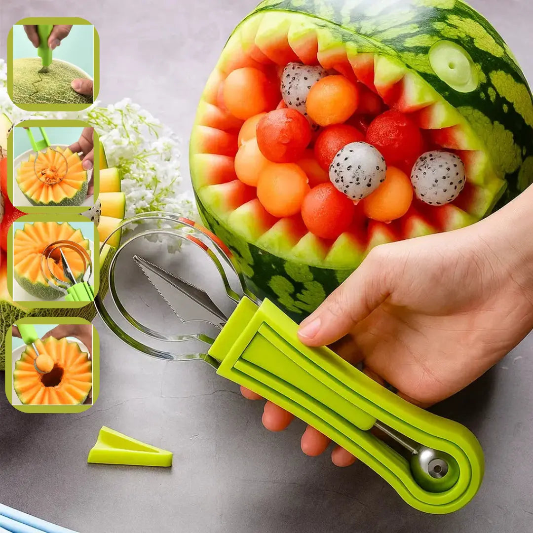 Hand holding green 3-in-1 Obstschneider with carved watermelon fruit bowl