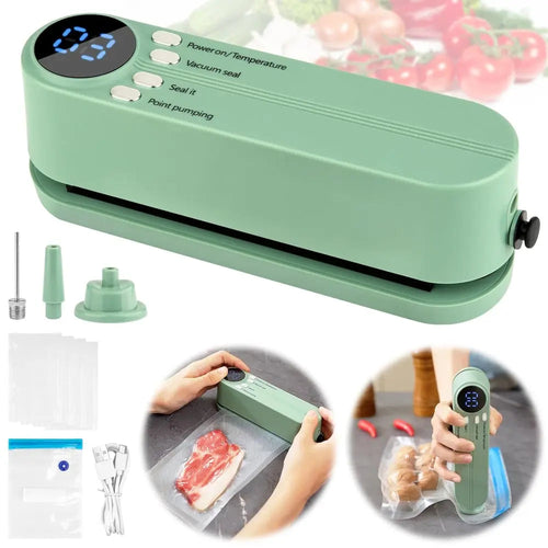 Green 3-in-1 kabelloses Mini-Vakuumiergerät with digital display showing multiple functions