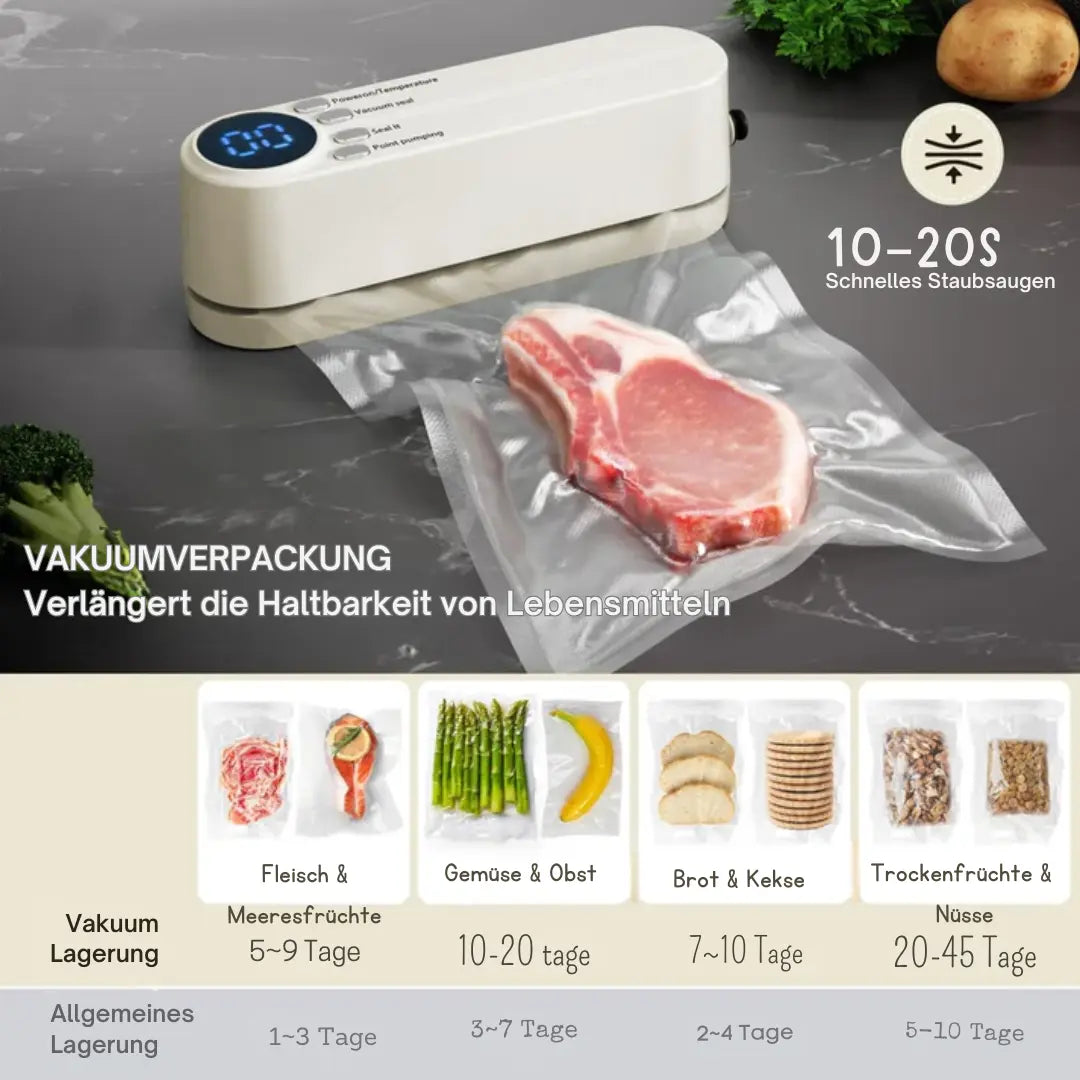 White mini vacuum sealer with meat in vacuum bag on marble surface